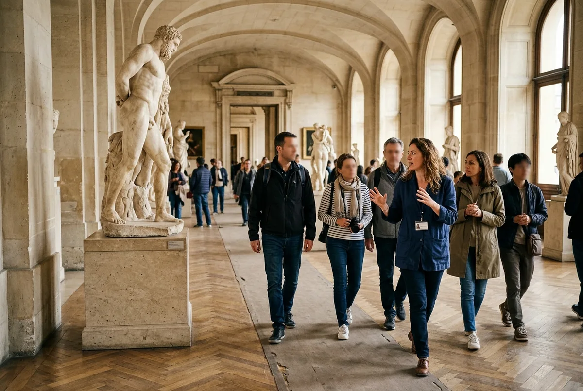 Petit groupe suivant un guide devant la pyramide du Louvre avant l'entrée réservée, matin ensoleillé