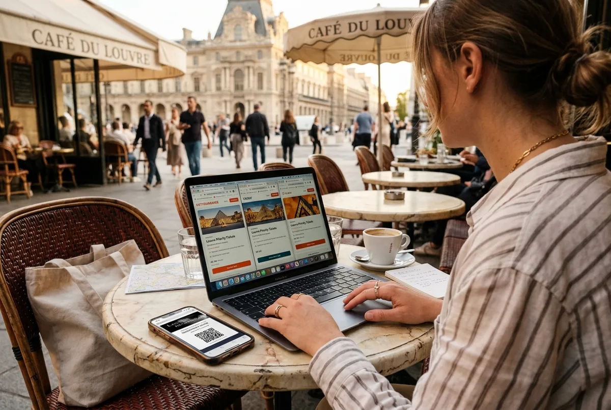 Voyageur comparant un billet Louvre GetYourGuide à d'autres plateformes de réservation sur son téléphone devant la pyramide du Louvre