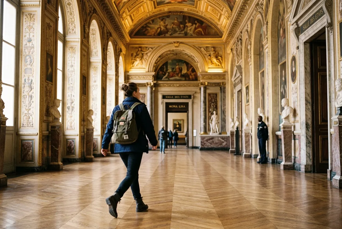 Einzelner Besucher steht fast allein vor der Mona Lisa in der Salle des États am späten Nachmittag, beste zeit mona lisa Stimmung, weiches Licht, ruhiger Saal