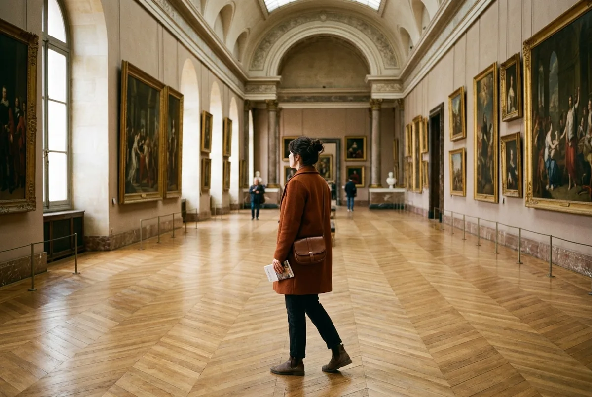 Reisende geht entspannt durch einen fast leeren Louvre Gang am späten Nachmittag, weiches Licht, nur wenige andere Besucher im Hintergrund
