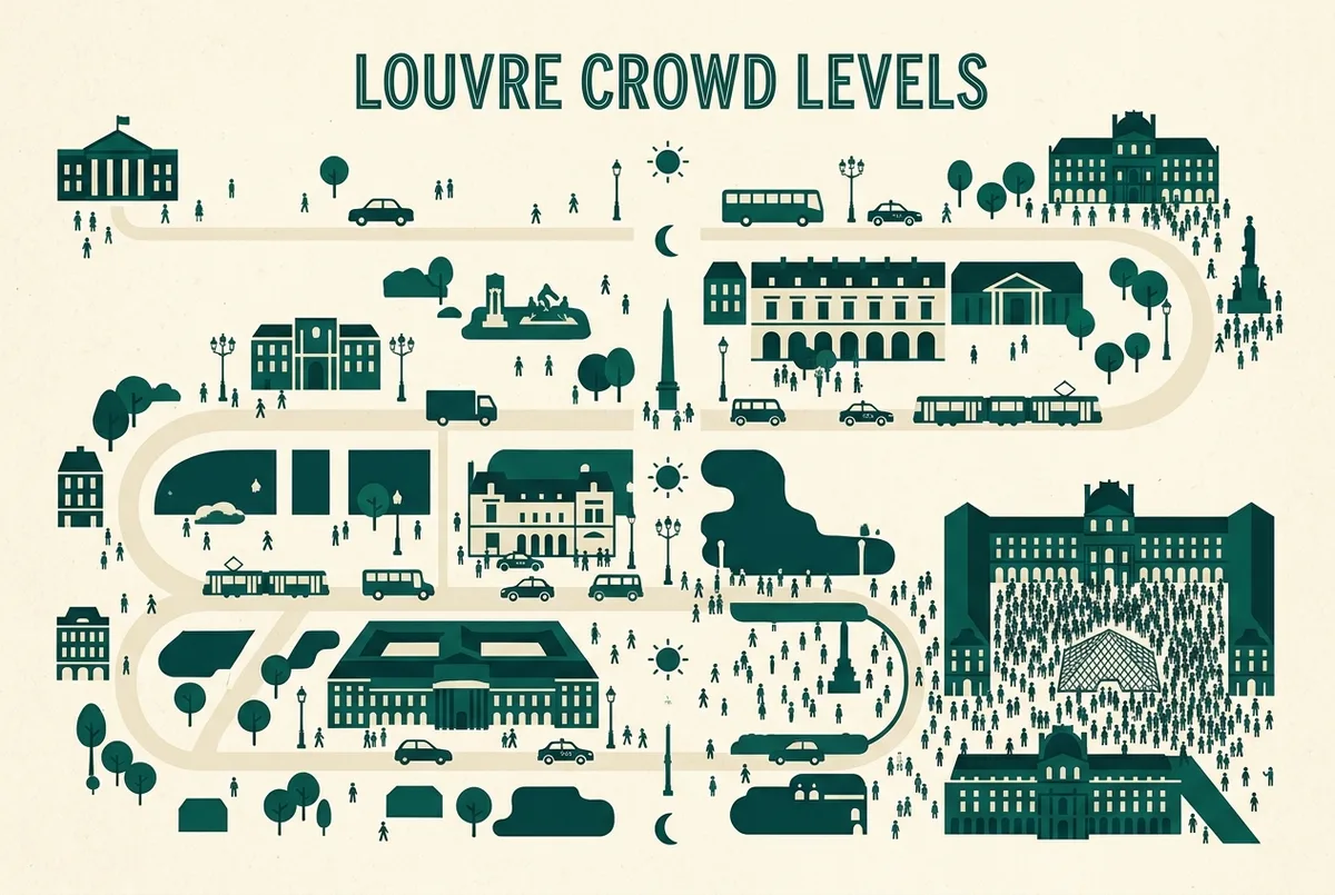 Einfache Balken Infografik mit zwei gegenüberstehenden Zeitfenstern für einen louvre besuch, ruhiges Fenster versus volles Fenster, generische Personensymbole ohne Zahlen oder Prozentangaben