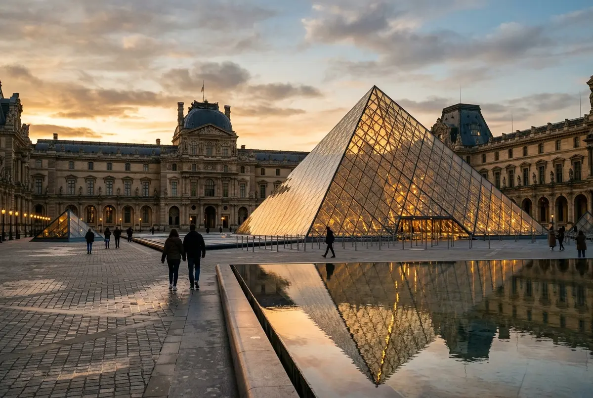 Fotografia editorial da pirâmide de vidro do museu do Louvre em Paris refletindo luz dourada ao pôr do sol, pátio Napoleão com poucos visitantes