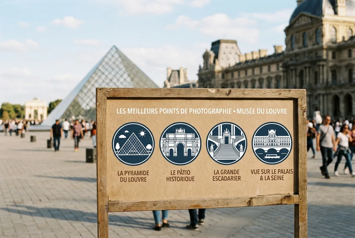 Infográfico simples com quatro ícones mostrando os melhores pontos de fotografia no museu do Louvre em Paris: pirâmide, pátio histórico, escadaria interior e vista do rio Sena, sem valores ou nomes de obras específicas
