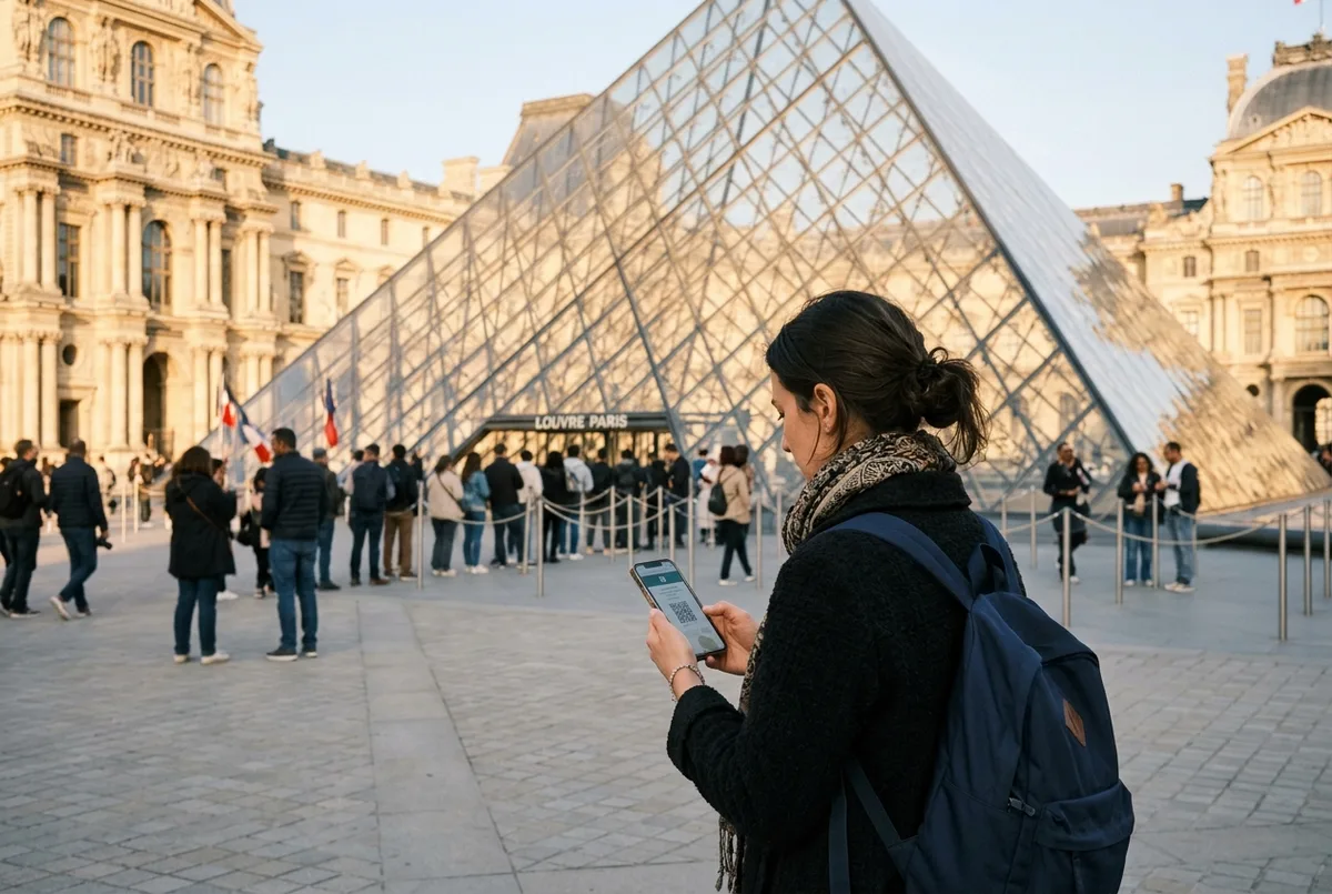 Visitante comprando entradas al Museo del Louvre desde el móvil frente a la Pirámide de cristal