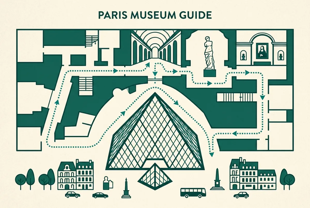 Ilustración estilo mapa de la ruta a pie desde la Pirámide del Louvre hasta la Gioconda y la Venus de Milo