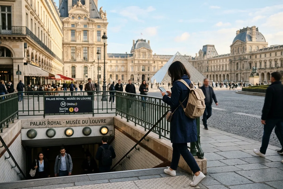 Gezgin, louvre müzesine nasıl gidilir sorusuna cevap olarak Palais Royal metro istasyonundan çıkıp cam piramide yürüyor