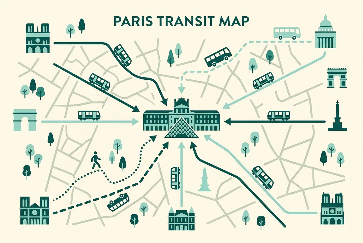 illustrated map of Paris highlights for louvre museum tickets, louvre müzesine nasıl gidilir