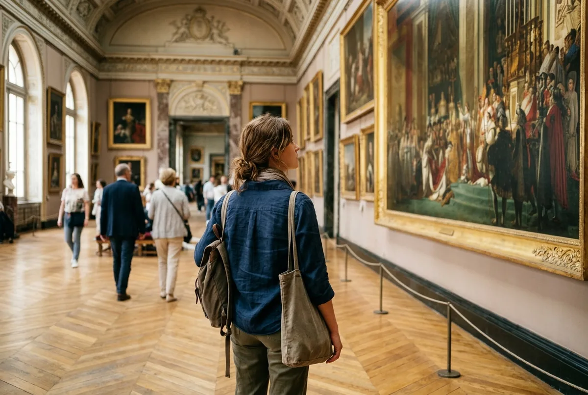 Rejsende stopper eftertænksomt foran et mesterværk i en louvre museumssal i Paris ved varmt eftermiddagslys, oprigtig beundring, er louvre det værd tema