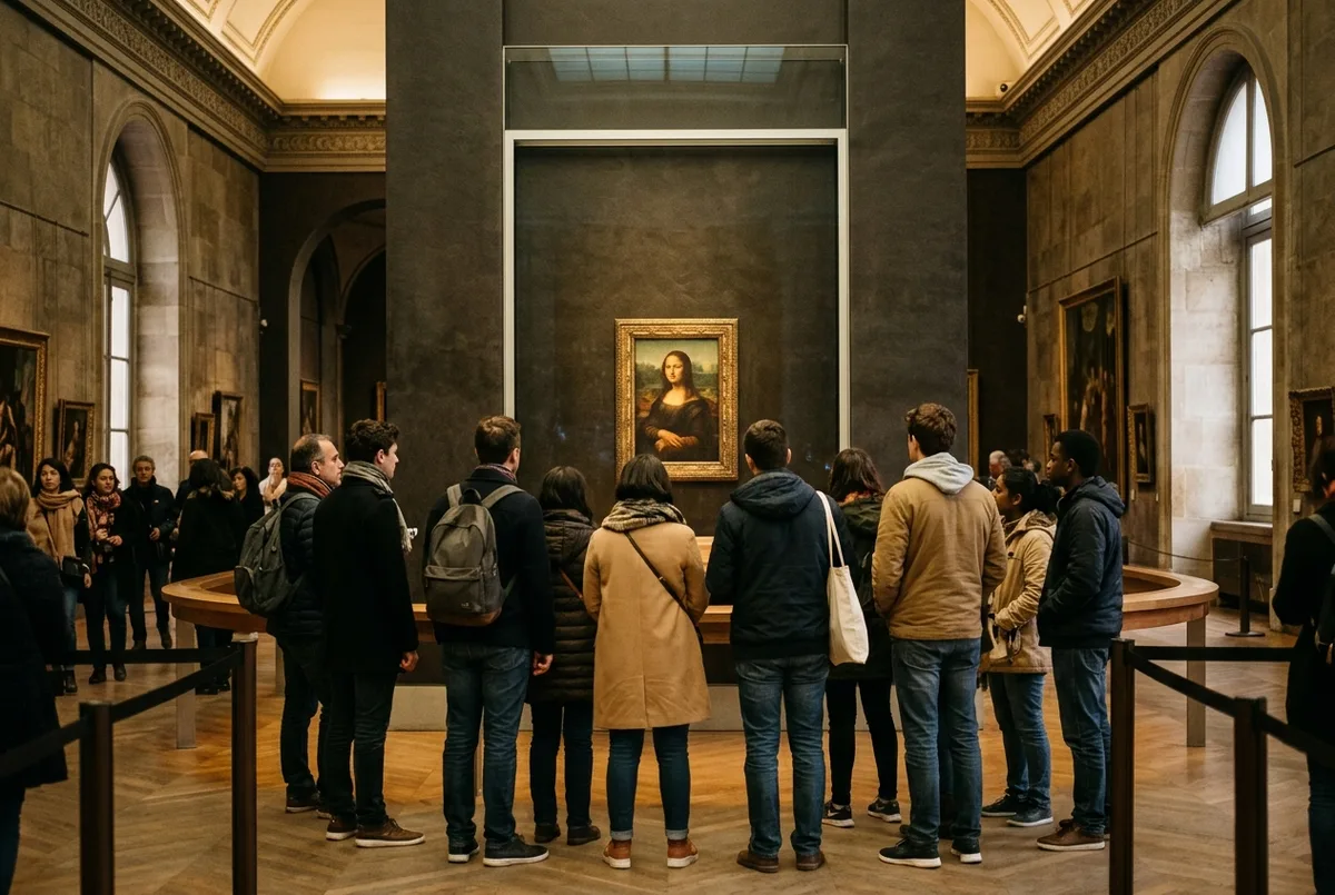 Lille gruppe samlet respektfuldt omkring et berømt louvre maleri i Paris, blødt ovenlys, stille koncentration, er louvre det værd stemning