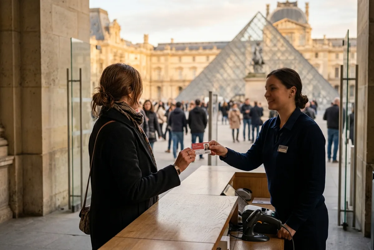 Membre présentant sa carte Amis du Louvre à l'entrée prioritaire du musée du Louvre devant la pyramide de verre