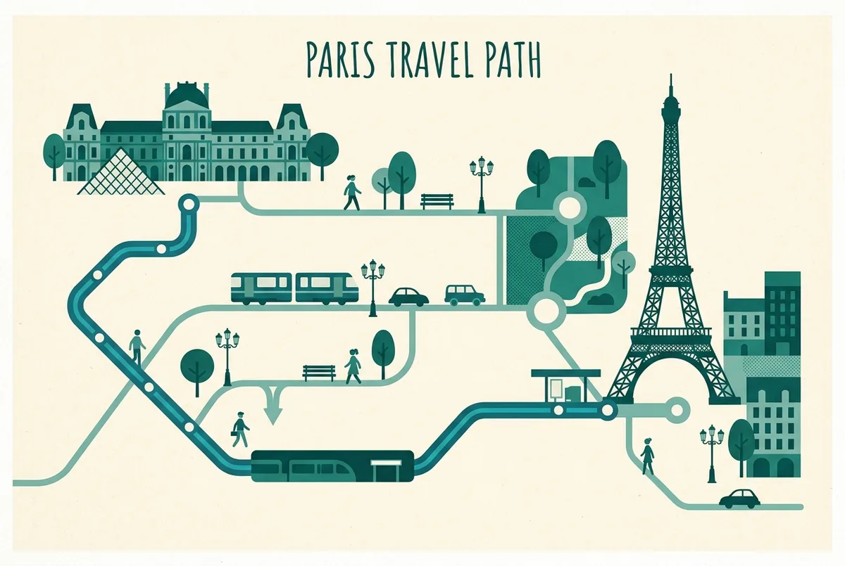 Mappa semplificata del percorso tra il Louvre e la Torre Eiffel a Parigi con il tragitto in metro evidenziato, stile infografica piatta, solo etichette generiche senza orari specifici