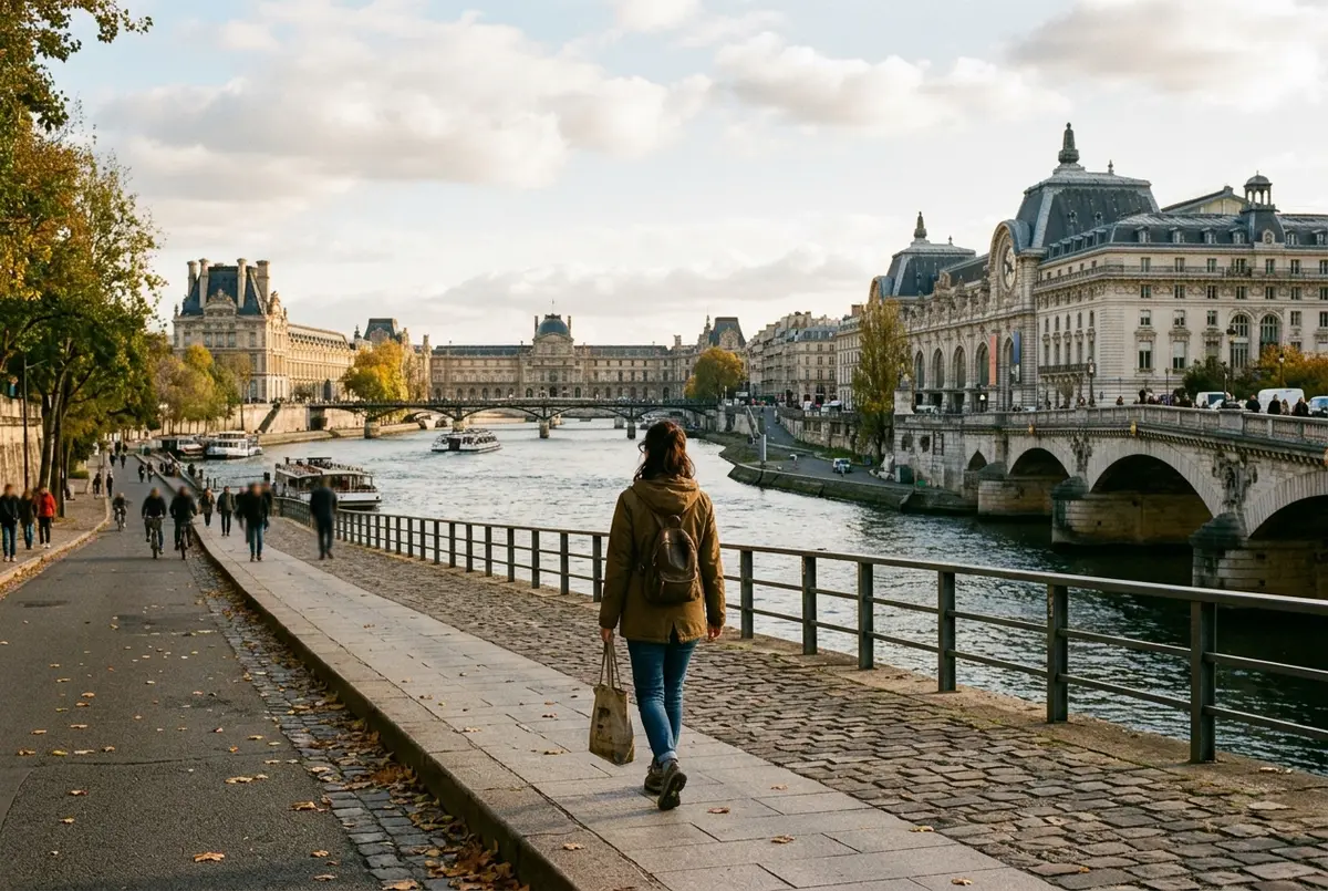 Casal de turistas a caminhar junto ao Sena entre a Pirâmide do Louvre e a fachada do Museu d'Orsay, mapa na mão, luz dourada de fim de tarde, cenário de bilhete combinado louvre e museu d'orsay