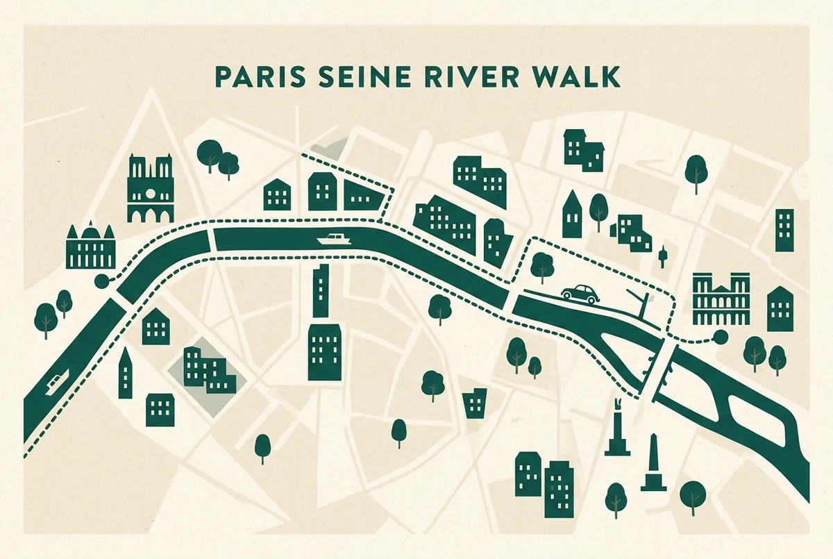 Mapa simples do percurso a pé junto ao Sena entre o Museu do Louvre e o Museu d'Orsay, ícones genéricos de pontes e museus, sem valores de preço