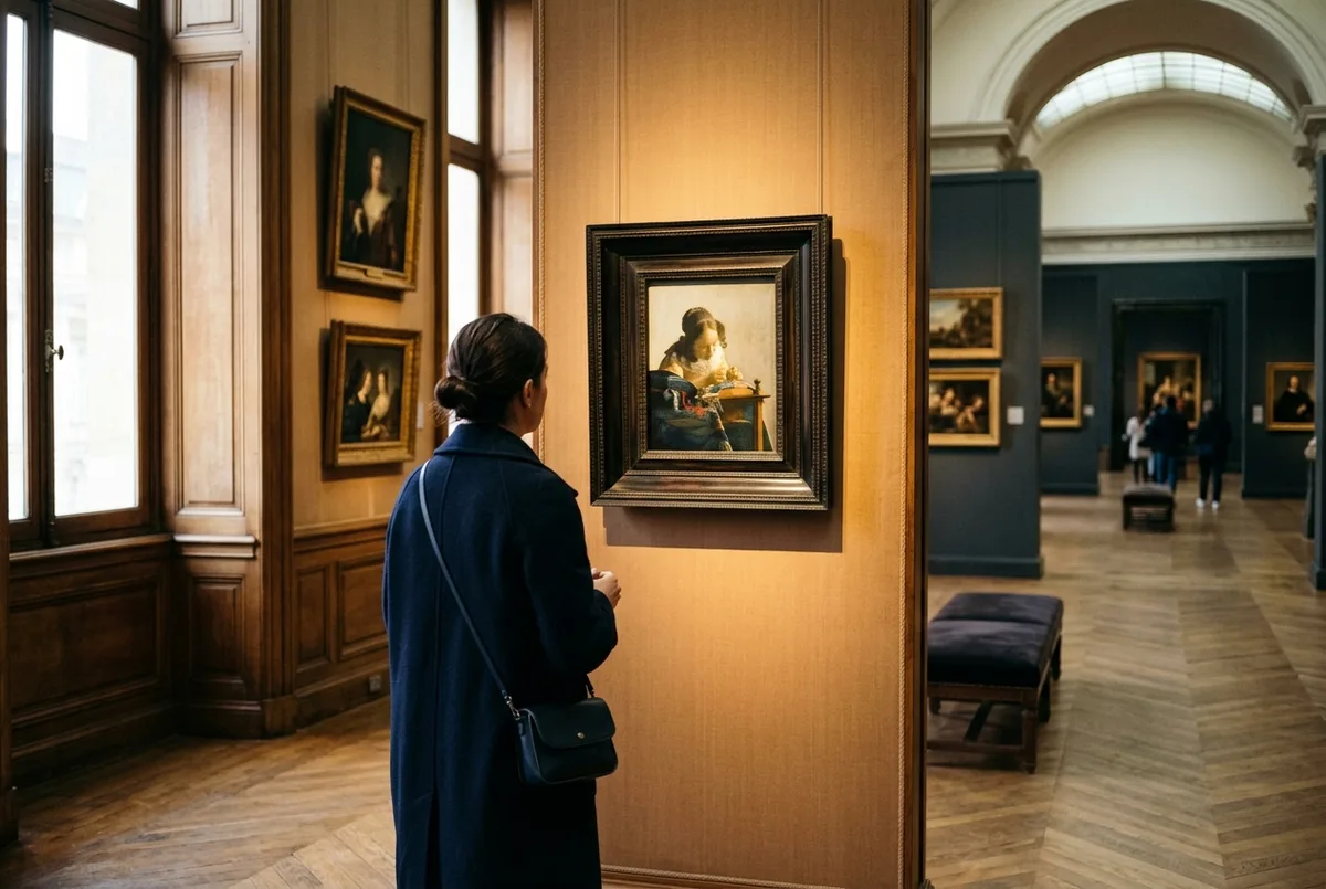 Besucher betrachtet nachdenklich ein Gemälde von Vermeer in der nordeuropäischen Malerei Sammlung des louvre paris, ruhige Galerie, weiches Licht aus hohen Fenstern