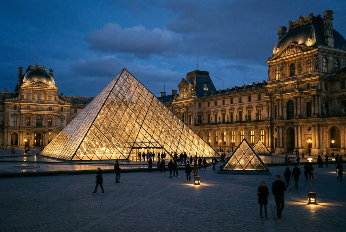 Fachada iluminada do Museu do Louvre ao anoitecer com a Pirâmide de vidro a brilhar sob o céu escuro de Paris, poucos visitantes à vista