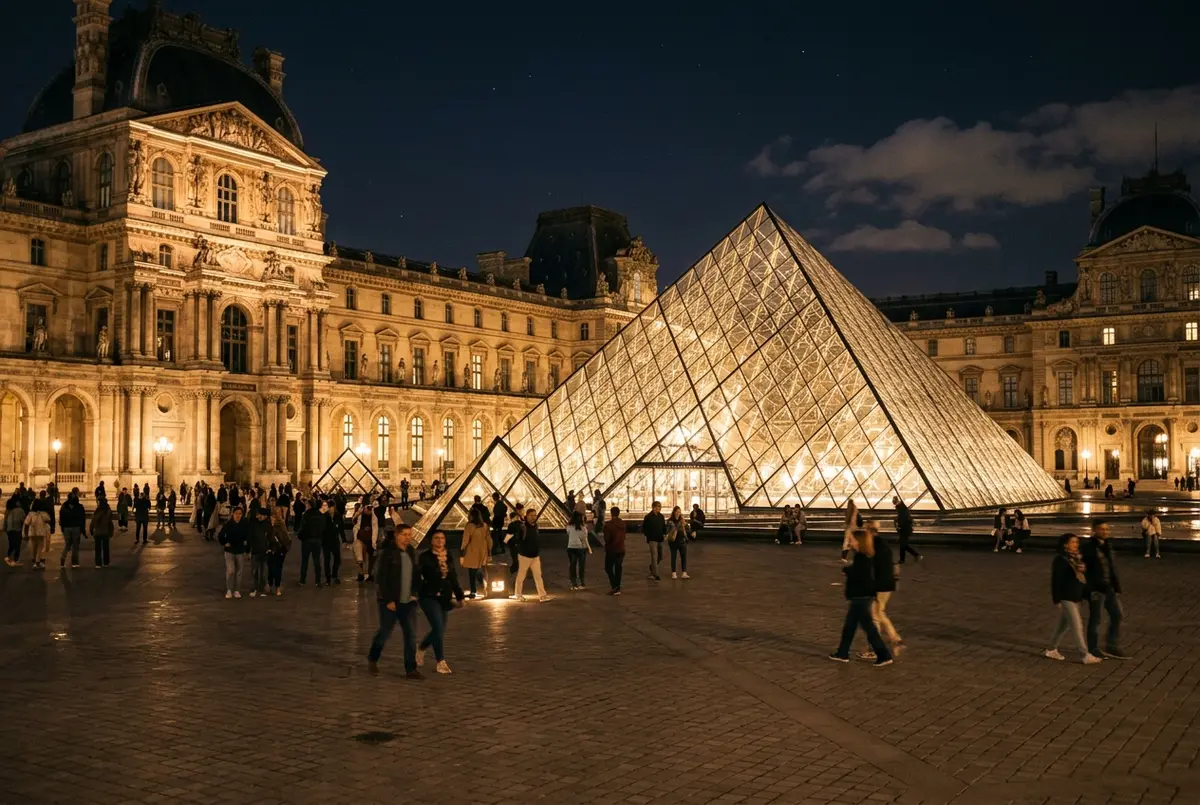 Infográfico simples comparando o número de visitantes junto a uma obra de museu de dia e à noite, representado por ícones de pessoas, rótulos genéricos, sem valores