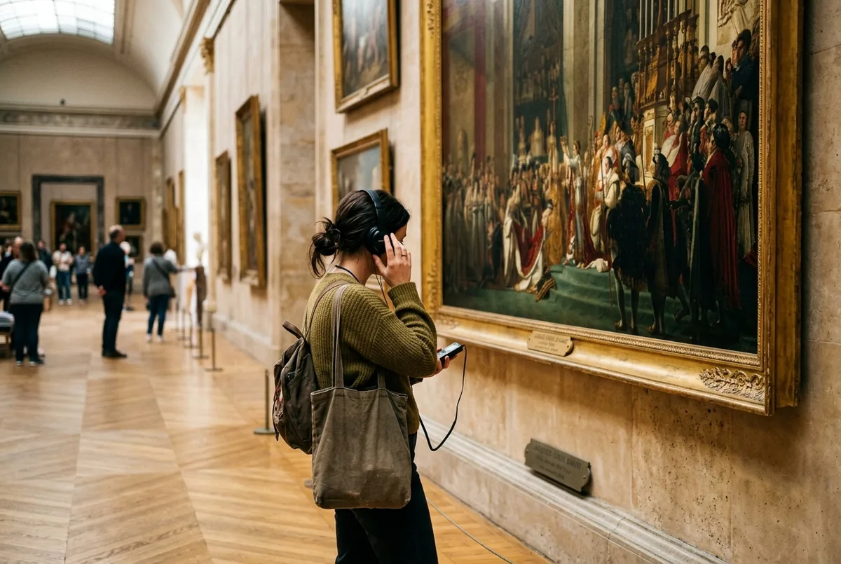 Visiteur tenant un boîtier audioguide officiel du Louvre près d'une œuvre, casque sur les oreilles, dans une galerie éclairée