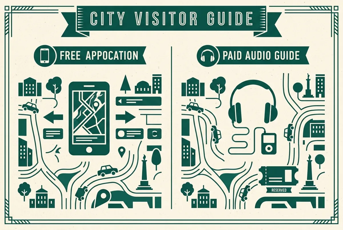 Infographie comparant l'audioguide loué et l'application officielle du Louvre selon le prix, la batterie et la langue disponible
