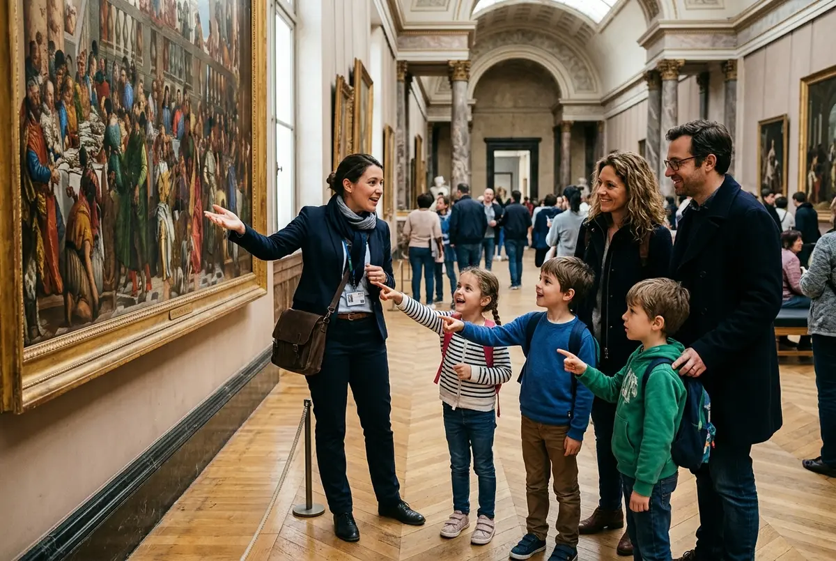 Guide animant une visite guidée du Louvre en famille, racontant une histoire interactive à des enfants devant une statue, matinée animée