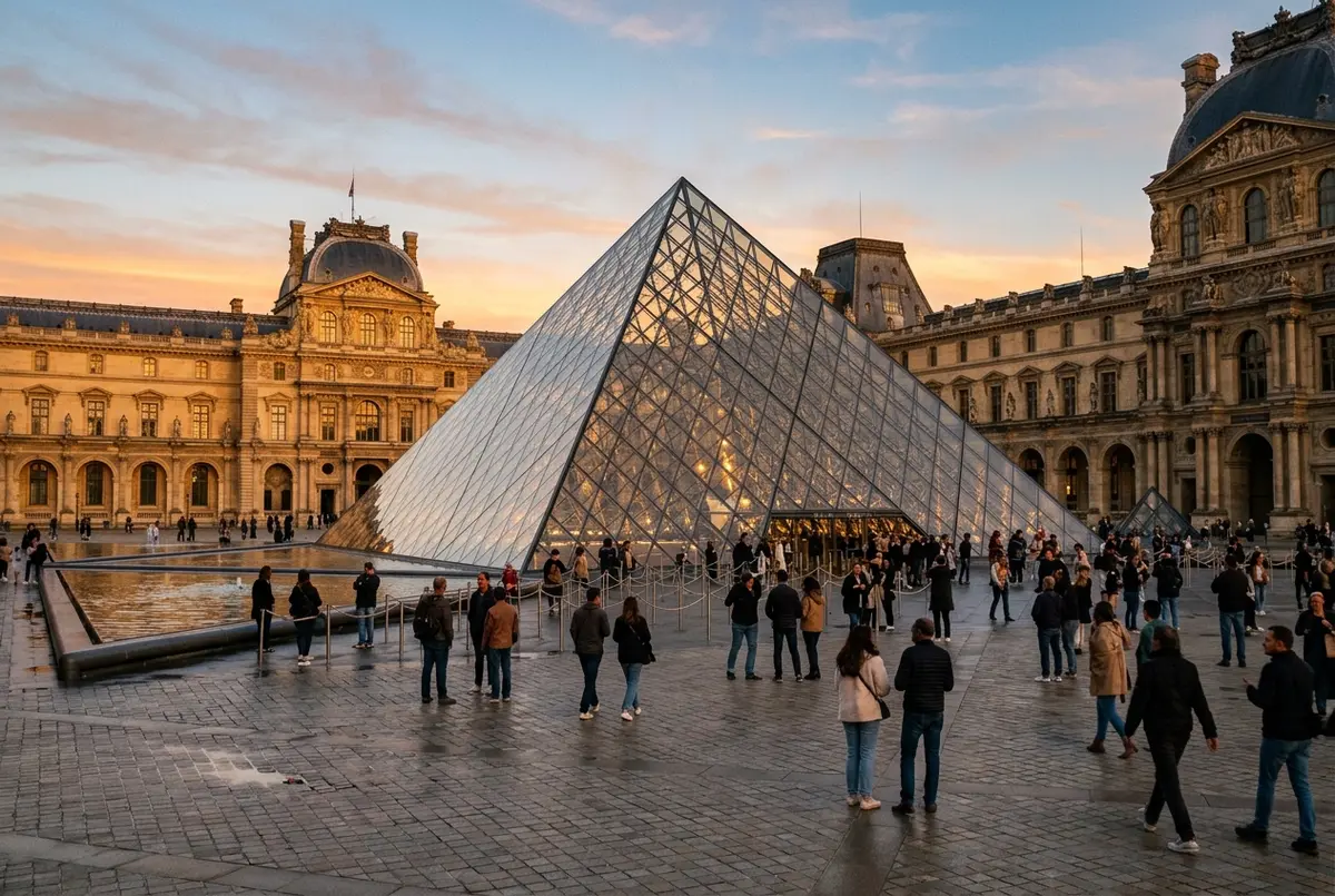 Pyramide de verre du Louvre illuminée au coucher du soleil avec des visiteurs entrant par l'entrée principale sous la structure