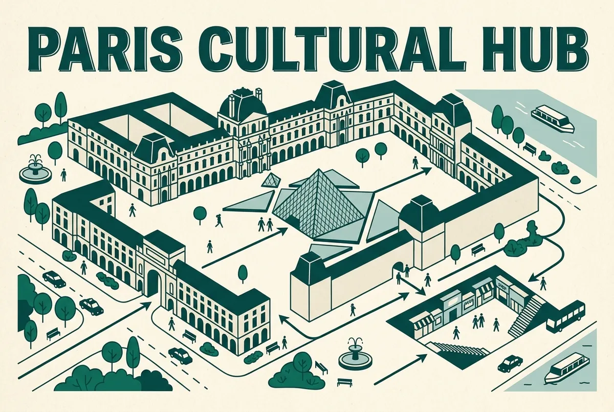 Infographie montrant l'alignement de la pyramide du Louvre avec l'axe historique de Paris depuis les Tuileries jusqu'aux Champs-Élysées