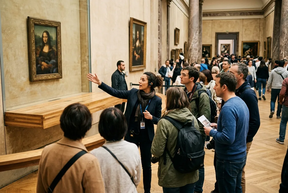 Guia explicant una obra a un grup reduït durant una visita guiada louvre a l'ala Denon
