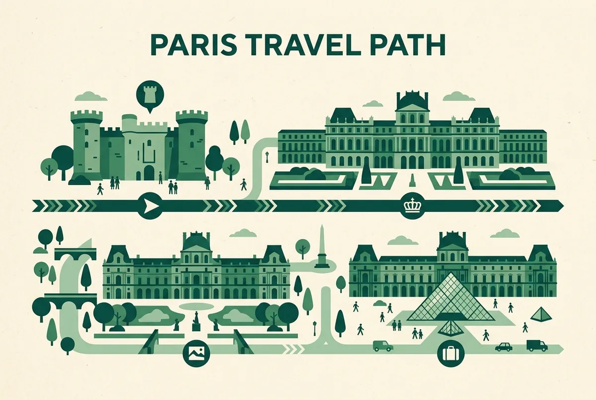 Infographie chronologique retraçant les grandes périodes du palais du Louvre, forteresse médiévale, palais royal, musée révolutionnaire et agrandissements du dix-neuvième siècle, avec des icônes génériques de chaque époque
