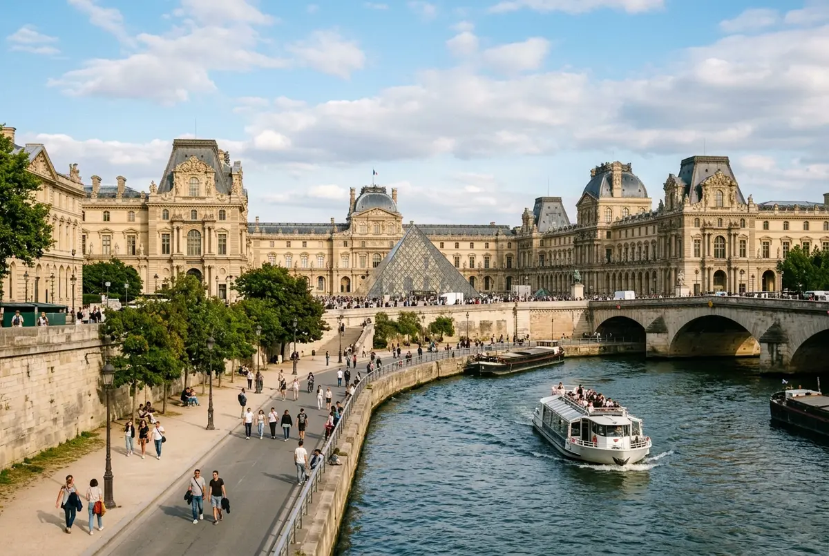 Vue large de la cour Napoléon du musée du Louvre à Paris avec la pyramide de verre et les ailes du palais sous un ciel dégagé en fin d'après-midi
