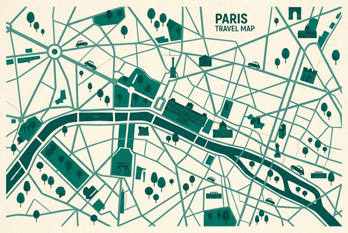 Infographie montrant la position du musée du Louvre à Paris par rapport à la Seine, au jardin des Tuileries et à la station de métro Palais-Royal, avec des icônes génériques de monument et de transport