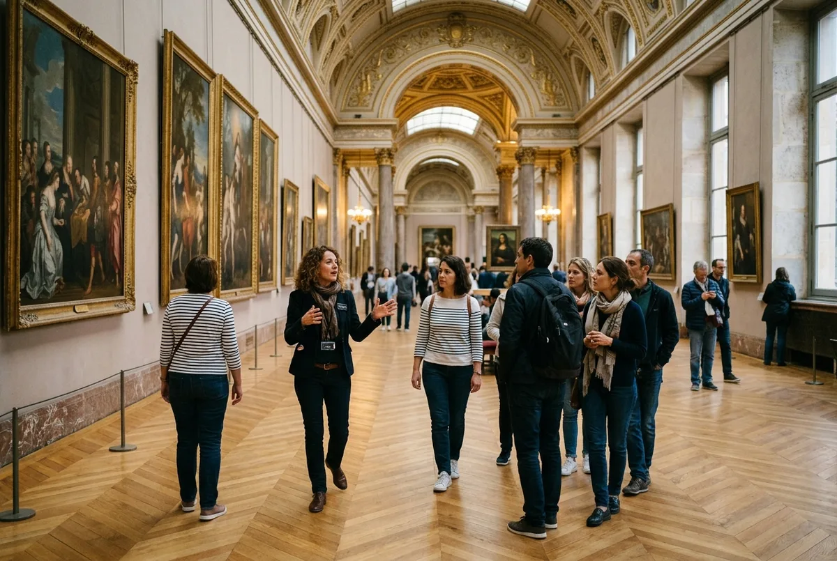 Guia a conduzir um pequeno grupo pelas galerias do Museu do Louvre ao anoitecer, luz quente e calma, poucos outros visitantes