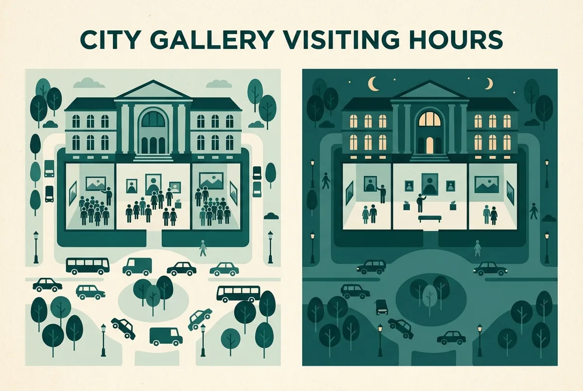 Infográfico simples comparando o número de visitantes numa galeria do Museu do Louvre de dia e numa visita noturna, ícones genéricos de pessoas, sem valores