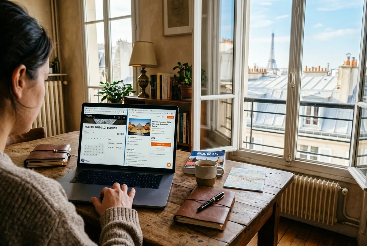 Viajante a comparar o ecrã de reserva do site oficial do Louvre com uma listagem de tour parceiro no portátil, apartamento em Paris, luz quente de fim de tarde