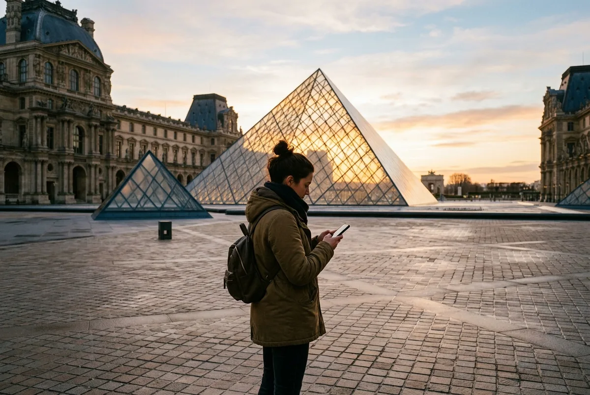 Visiteurs attendant devant la pyramide du Louvre juste avant l'heure d'ouverture, lumière matinale douce