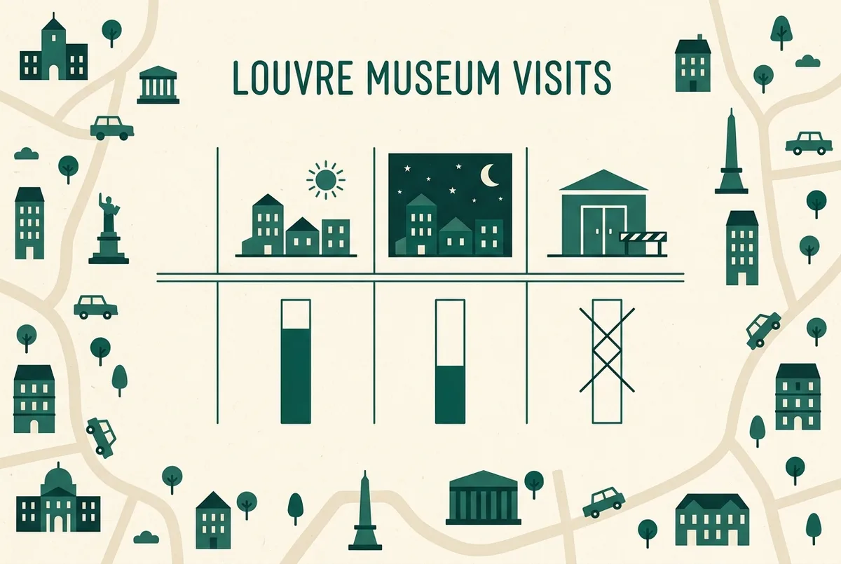 Tableau illustré des horaires hebdomadaires du musée du Louvre avec la nocturne du vendredi mise en évidence