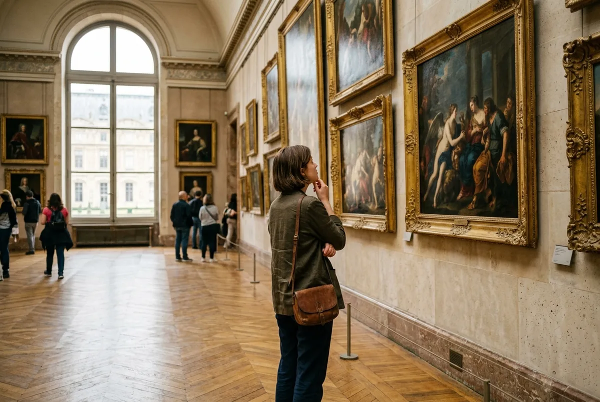 Visiteur admirant plusieurs grandes peintures françaises dans une galerie lumineuse du musée du Louvre, lumière naturelle douce