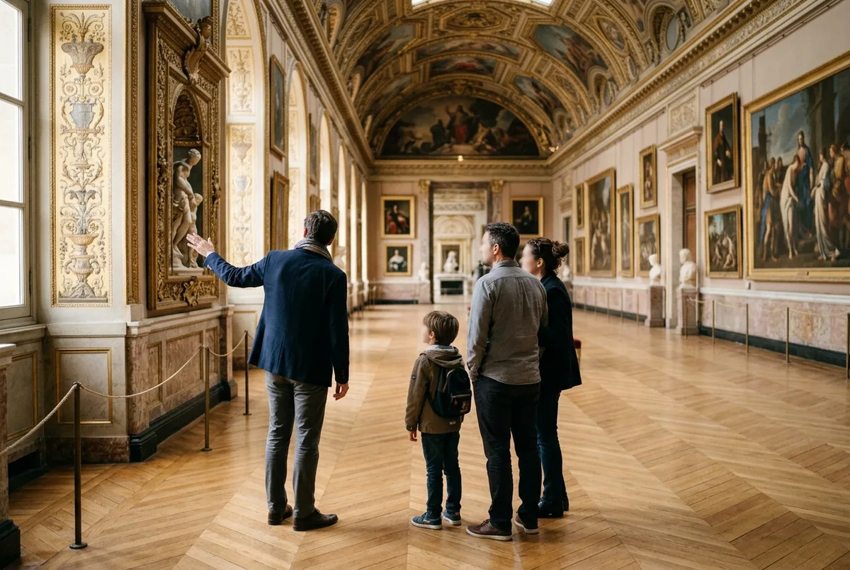Guide menant une visite guidée privée du Louvre pour un couple seul devant la Victoire de Samothrace, galerie calme en fin de matinée