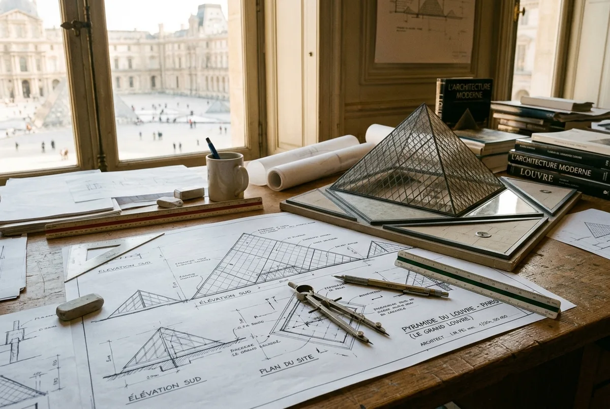 Nahaufnahme eines historischen Architekturplans und Zeichenwerkzeugs auf einem Zeichentisch, Skizze einer gläsernen Pyramidenform, louvre pyramide architekt Stimmung, warmes Arbeitslicht, keine Personen im Bild