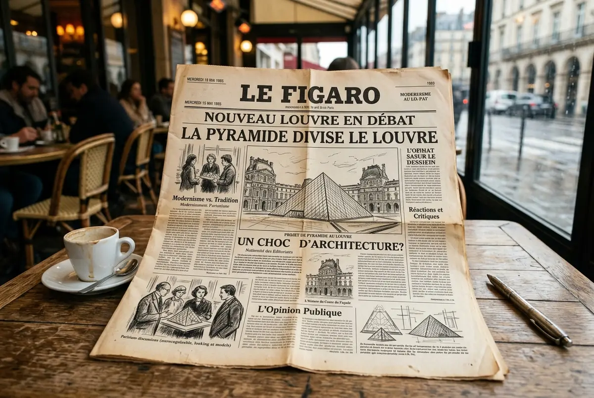 Flache Zeitstrahl-Infografik der Louvre Pyramide mit den Stationen Planungsbeginn, Baubeginn, Enthüllung 1989 und heutige Ikone, nur generische Jahres-Meilensteine als Text, keine Fotos von Personen