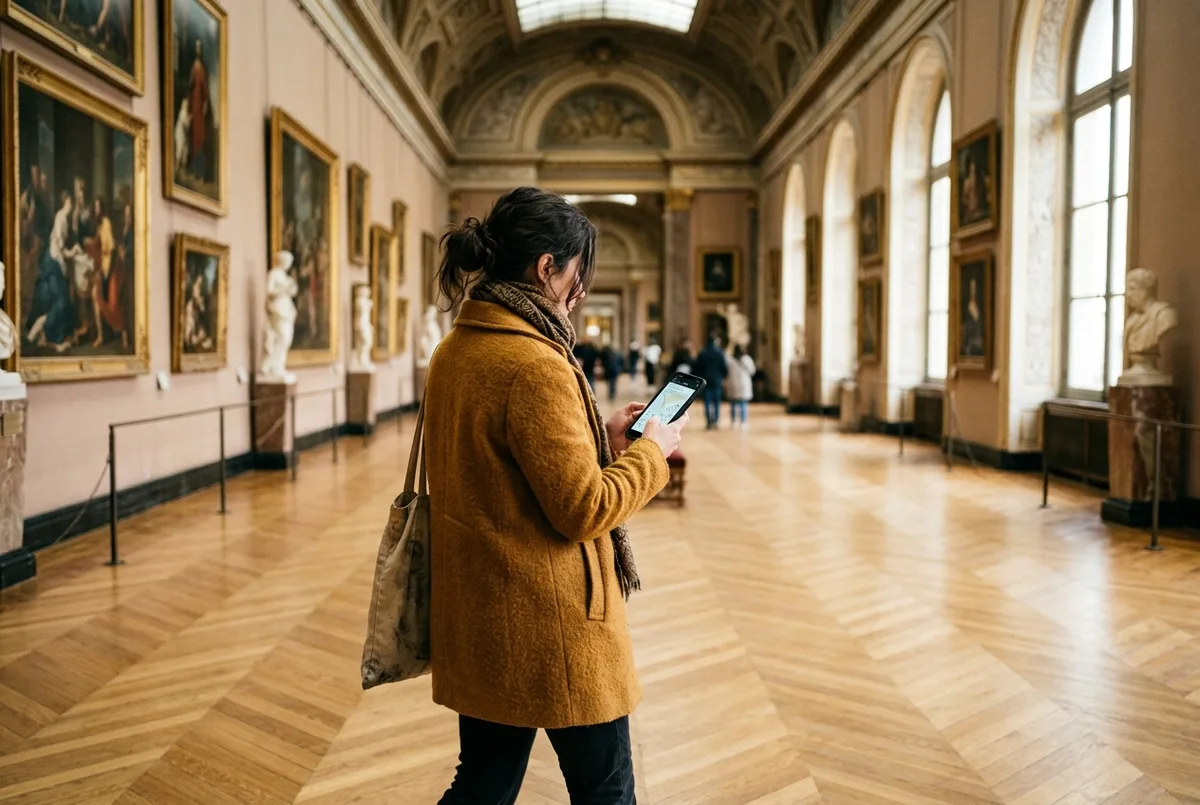 Visiteur en visite libre du musée du Louvre consultant seul un audioguide devant une peinture, galerie calme en milieu de matinée