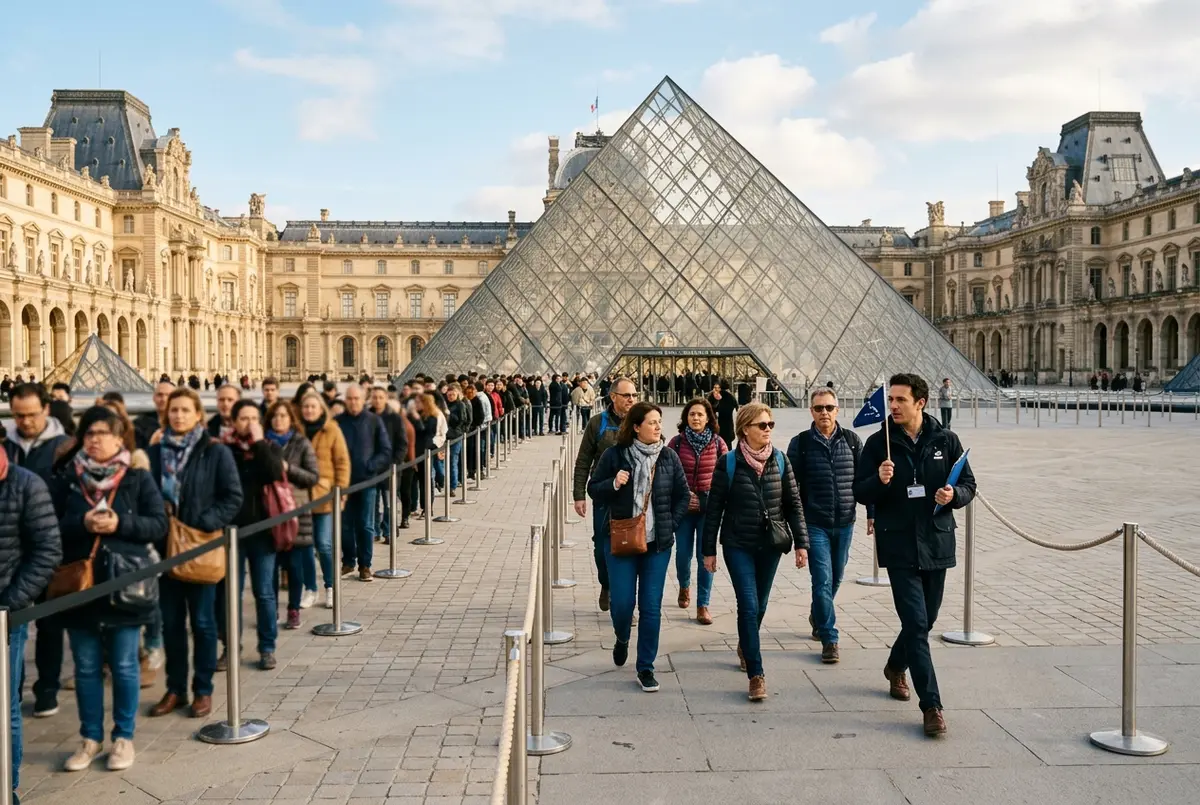 Grupo pequeno con guia entrando con acceso prioritario por la entrada de la Piramide del Louvre en una mañana soleada