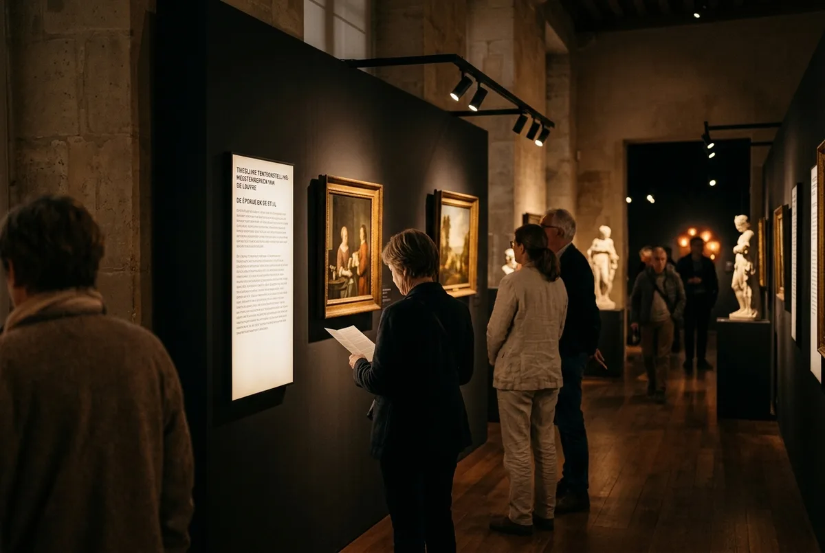 Bezoekers bekijken rustig een tijdelijke louvre tentoonstelling in een zaal met gedimd licht en informatiepanelen