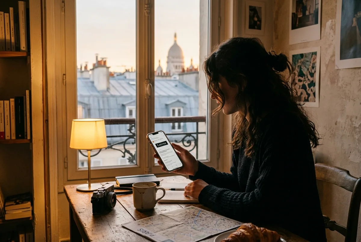 Gezgin akşam ışığında bir Paris dairesinde telefonunda louvre müzesi bilet iptal onay e-postasını kontrol ediyor