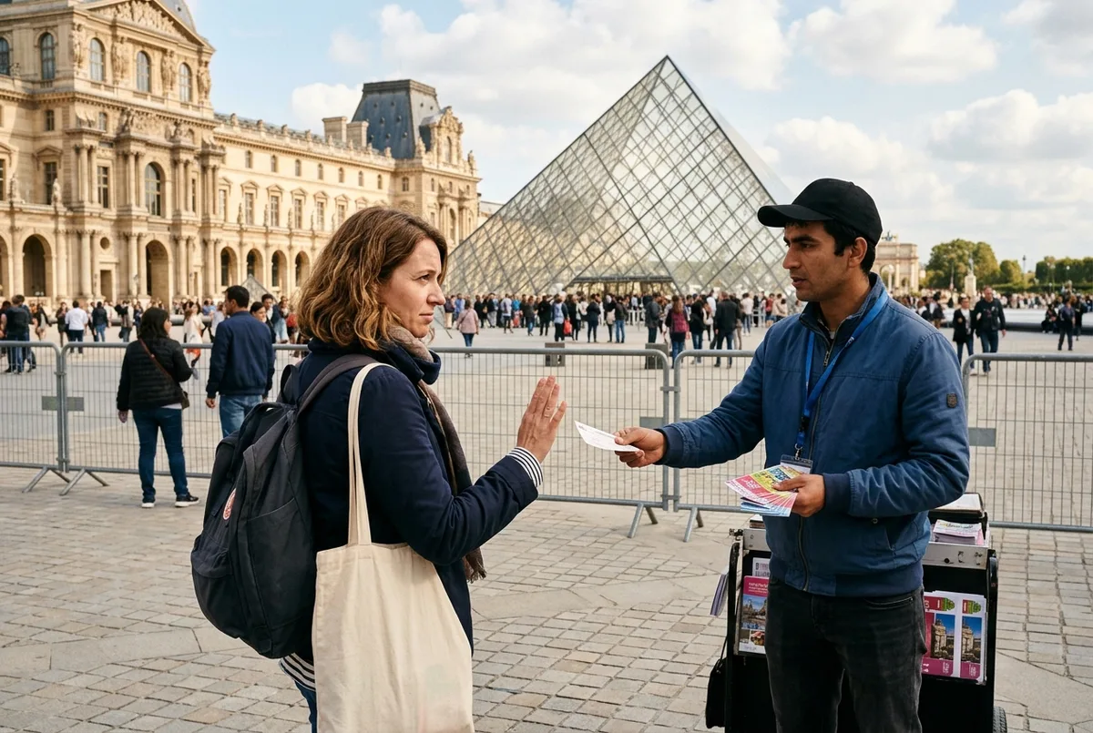 Rejsende går forbi en tvivlsom gadesælger nær glaspyramiden og booker i stedet sikkert for at undgå louvre billetsvindel på telefonen