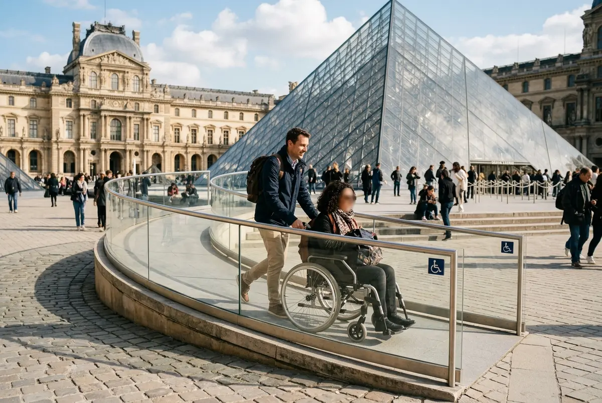 Visiteur en fauteuil roulant accompagné d'un proche entrant au musée du Louvre par l'accès sans marche de la pyramide