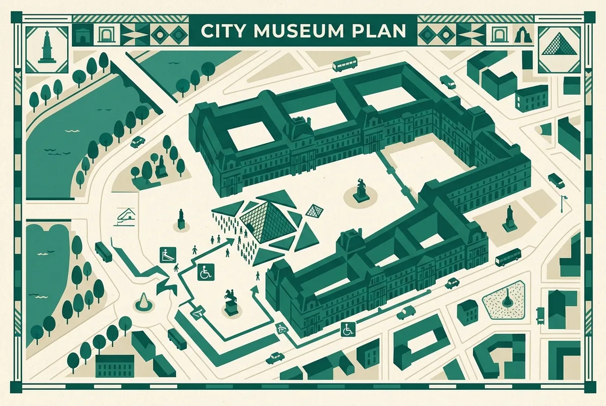 Plan simplifié du rez-de-chaussée du musée du Louvre indiquant l'accès sans marche par la pyramide et les ascenseurs principaux avec des icônes génériques
