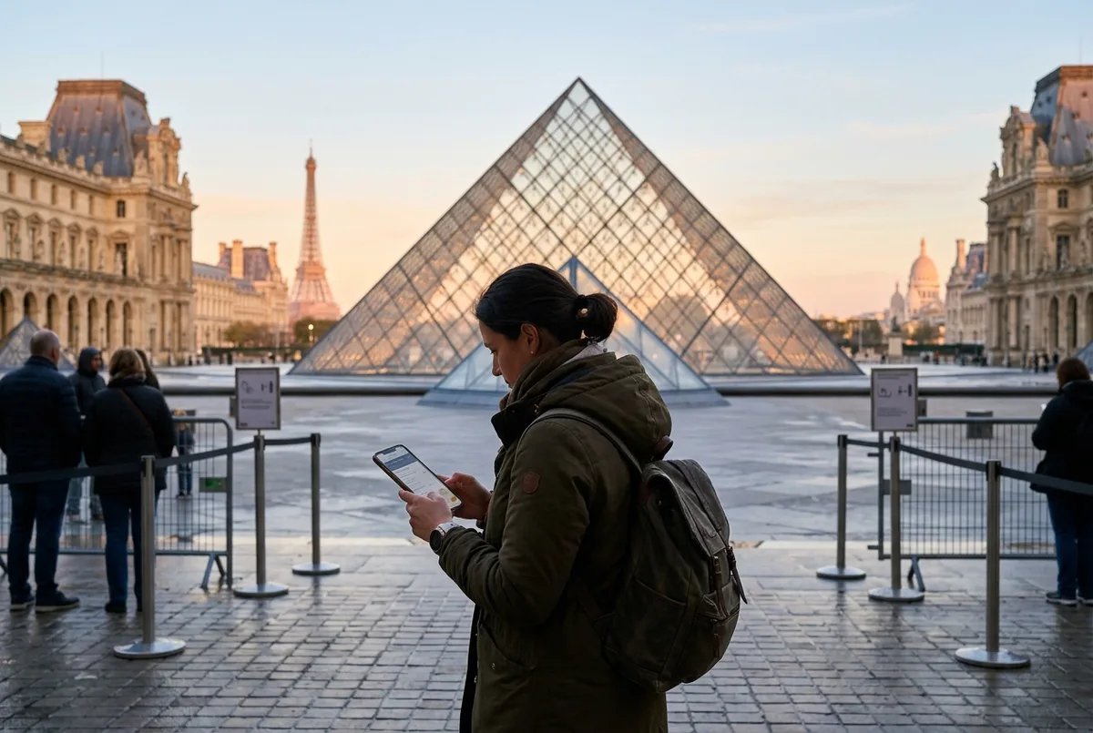 Turista comprant una entrada louvre en una pantalla digital davant la Piràmide de vidre del Louvre a la posta de sol