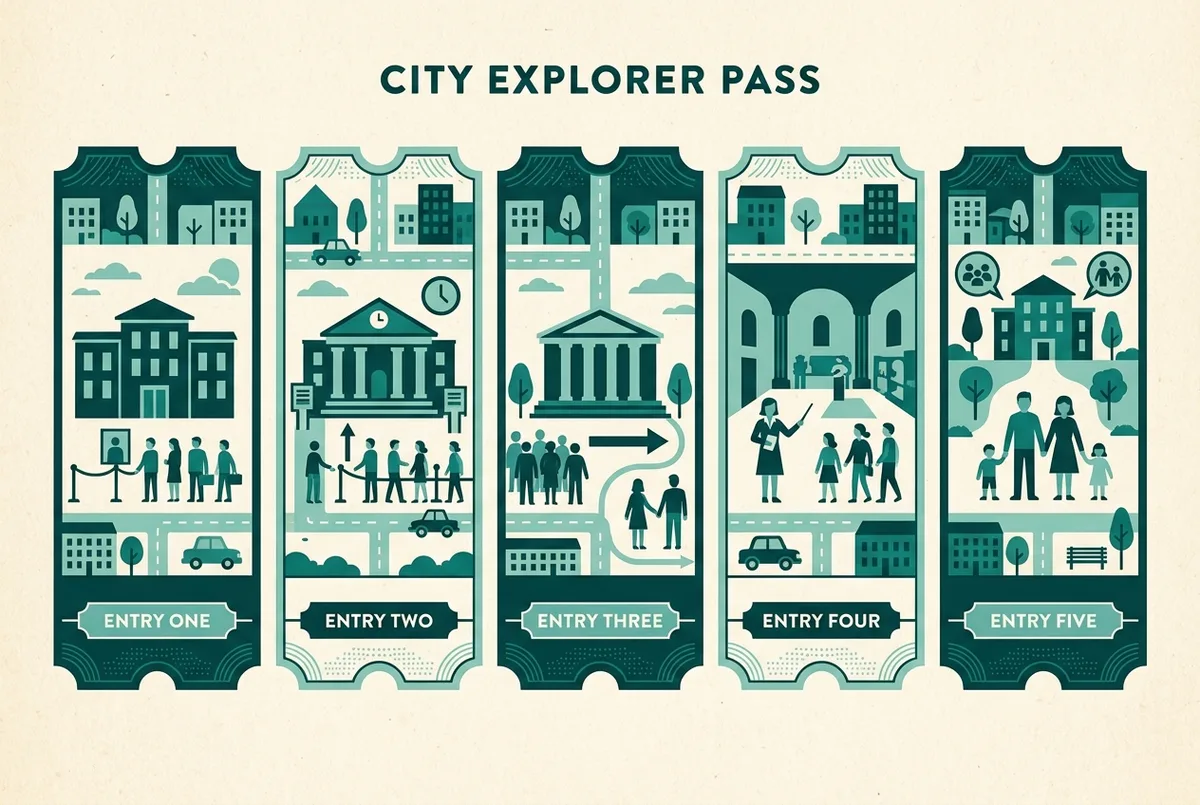 Infografia comparant de forma visual les opcions d'entrada louvre: entrada general, entrada gratuïta i tour guiat, amb icones genèriques, sense preus ni xifres