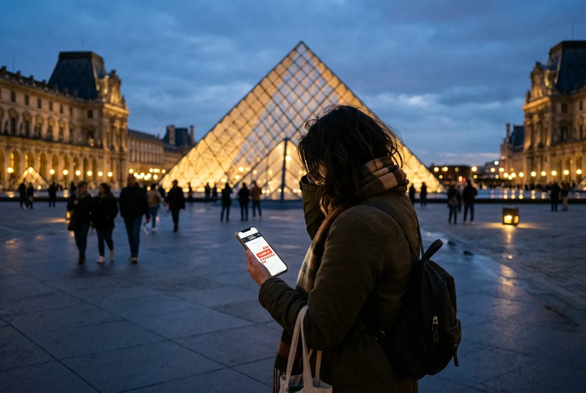 Alacakaranlıkta cam Piramit önünde telefonunda louvre müzesi bileti tükendi takvimine bakan hayal kırıklığına uğramış gezgin, Paris