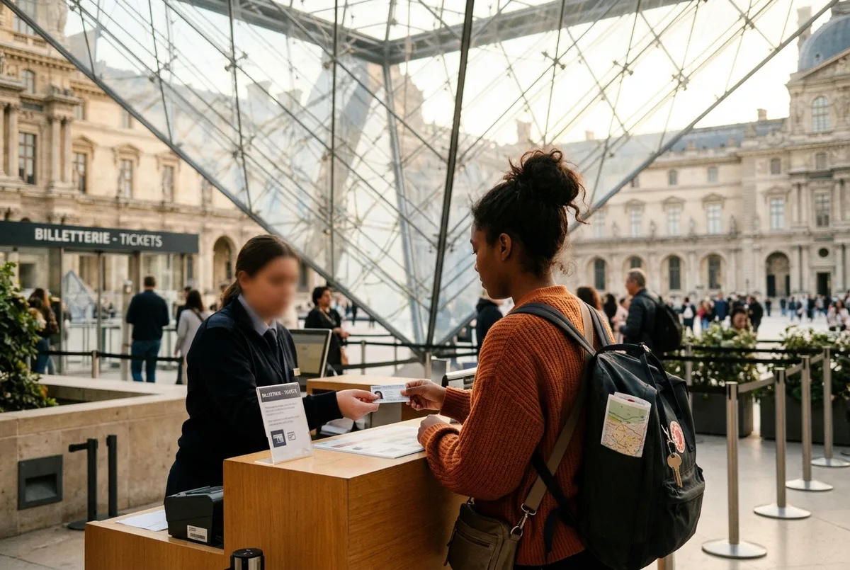 Giovane viaggiatore sui vent'anni che mostra una carta d'identità all'ingresso della Piramide di vetro del Louvre per i louvre biglietti under 26, luce calda del mattino