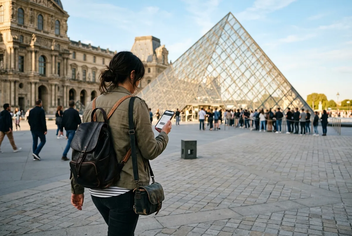 Visiteur consultant l'heure sur son téléphone en montrant son billet horodaté du Louvre à l'agent de contrôle devant la pyramide